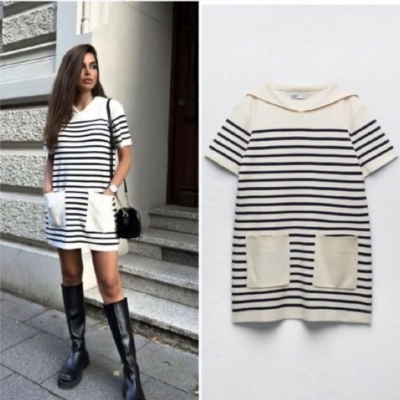 Zara Dresses & Skirts - Zara Cream and Navy Striped Short-Sleeve Mini Knit Dress